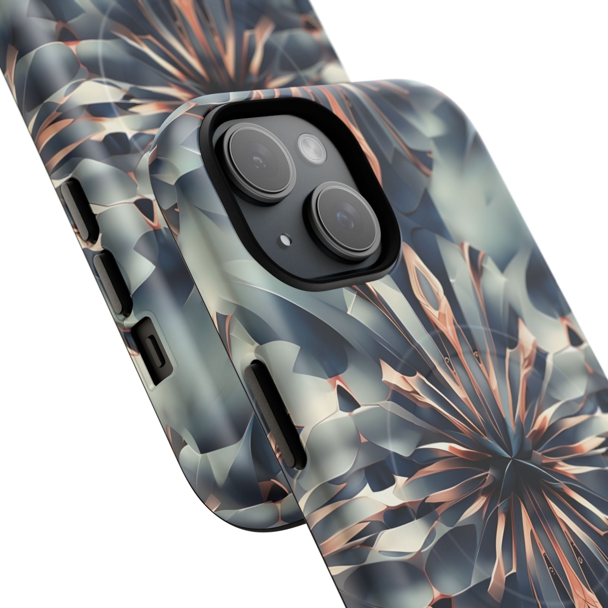 Obsidian Kaleidoscope Artistic Floral Burst - iPhone 15 MagSafe Phone Case -Blue, Peach and Silver Symmetrical Design