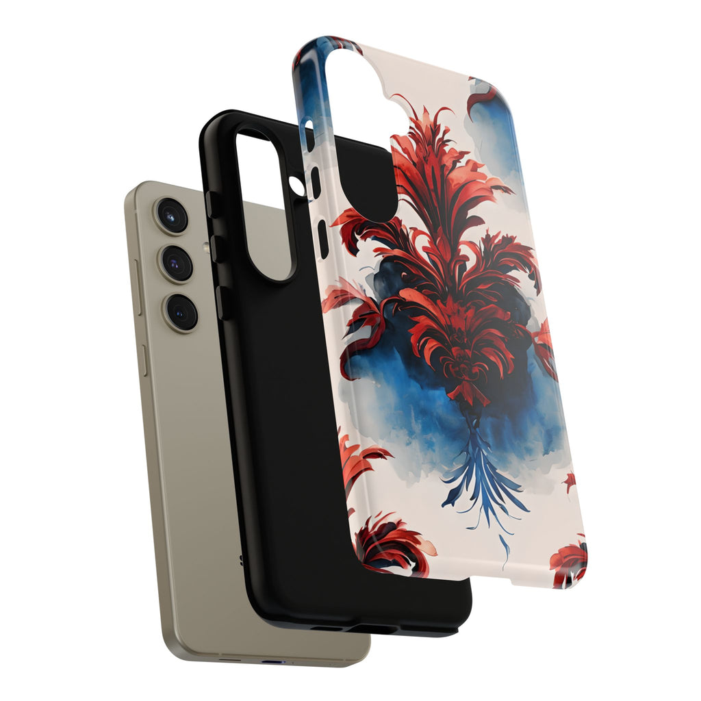 Crimson Plume - Bold Artistic Feather Samsung Galaxy S24 Plus Tough Phone Case - Dramatic Red & Blue Design