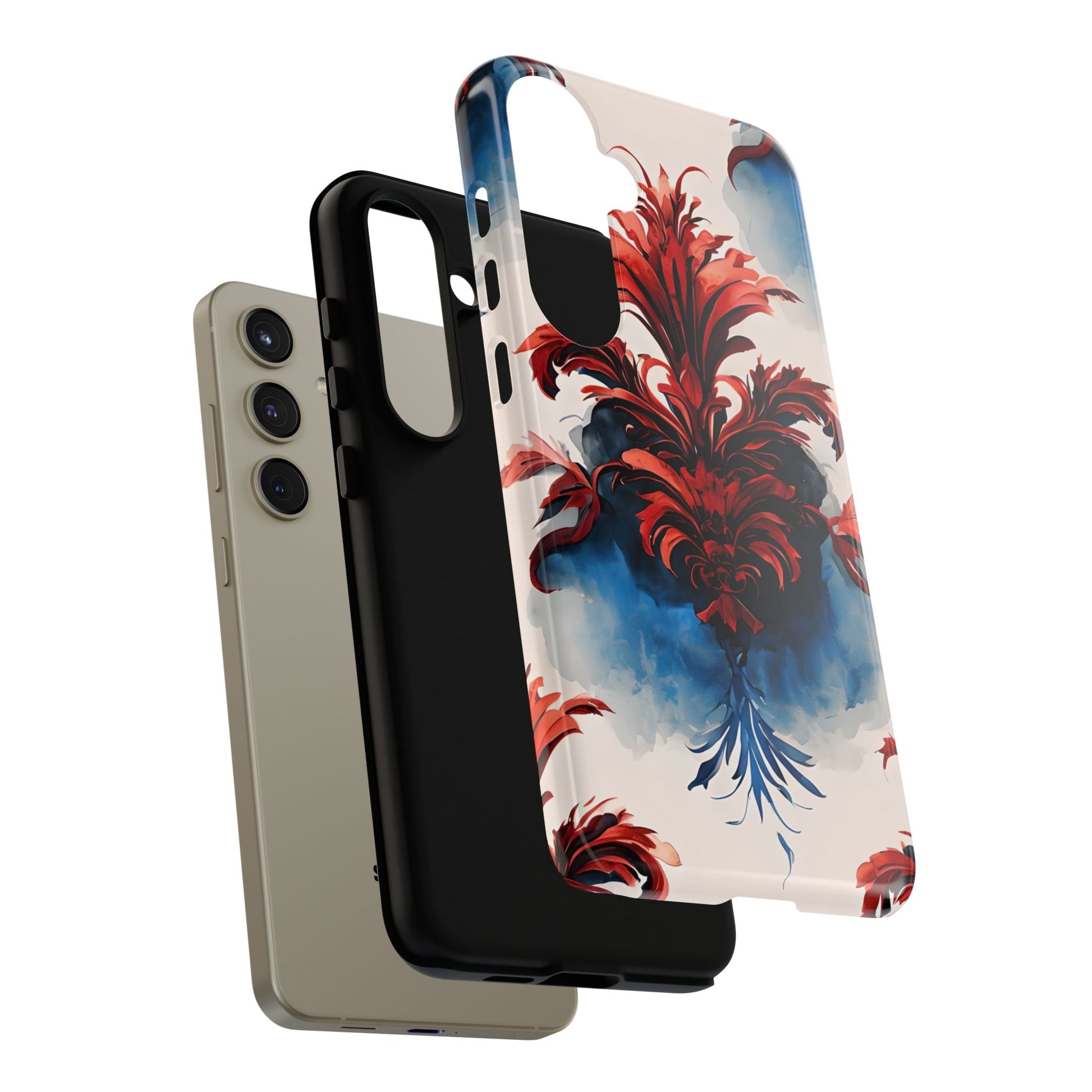 Crimson Plume - Bold Artistic Feather Samsung Galaxy S24 Plus Tough Phone Case - Dramatic Red & Blue Design
