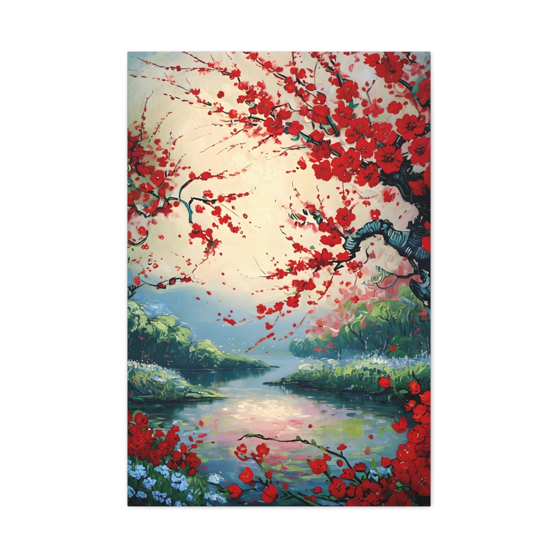 Crimson Blossom Lake wall art canvas featuring vivid red cherry blossoms overlooking a tranquil lakeside landscape