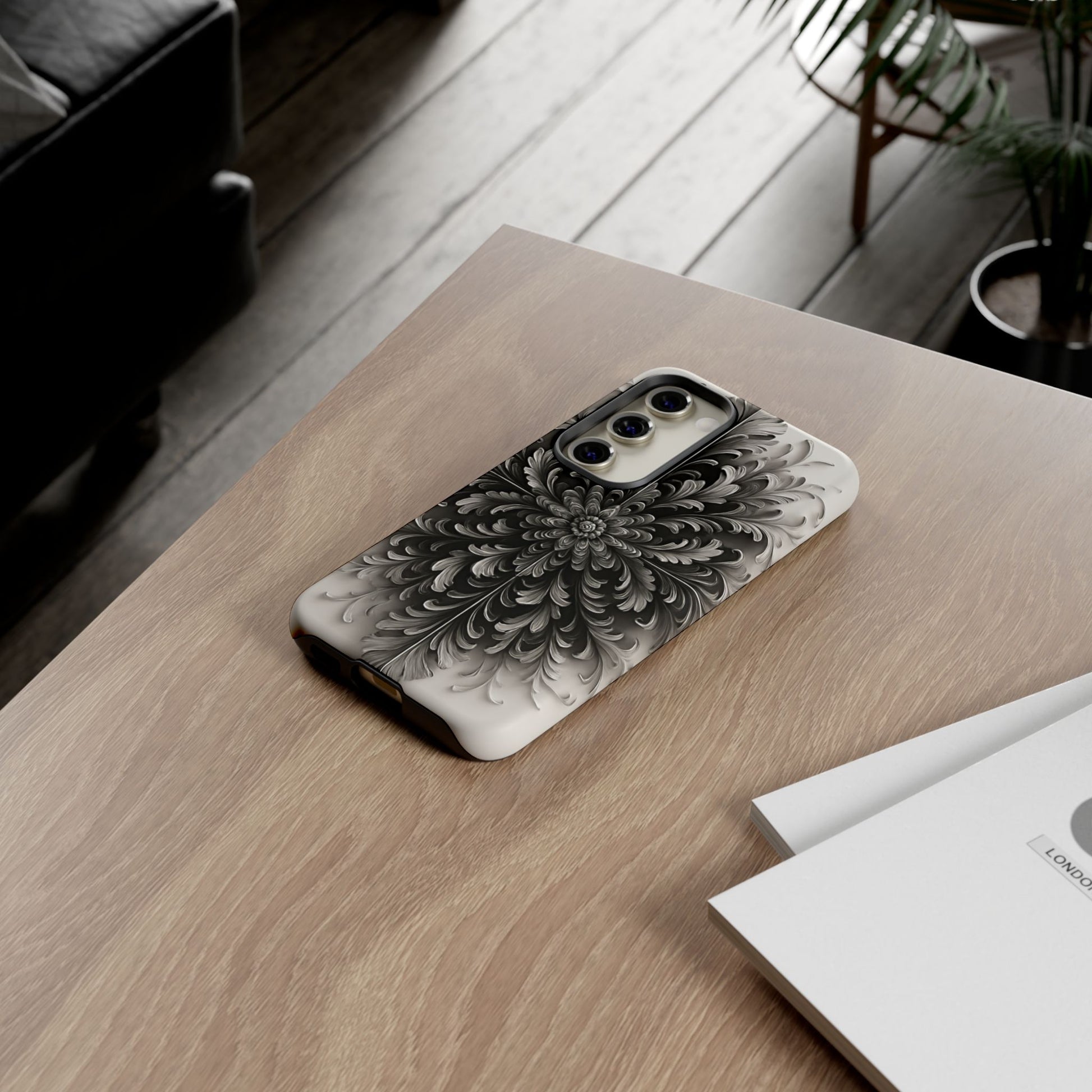 Obsidian Bloom - Elegant Black & White Samsung Galaxy S23 Tough Phone Case - Intricate Mandala Flower Design