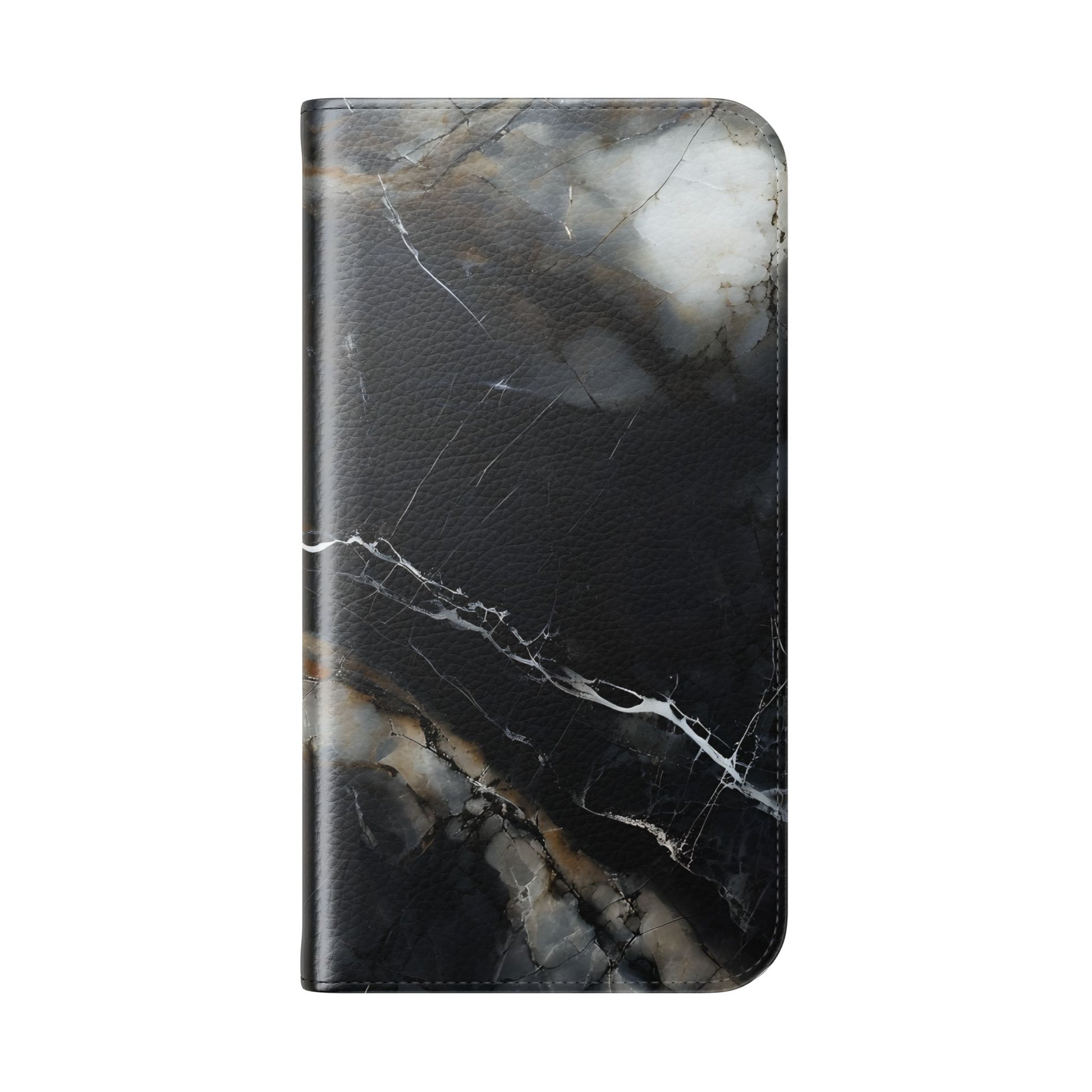 Obsidian Vein Wallet Phone Case - Black & White Marble - Flip Cover for iPhone 15 Pro