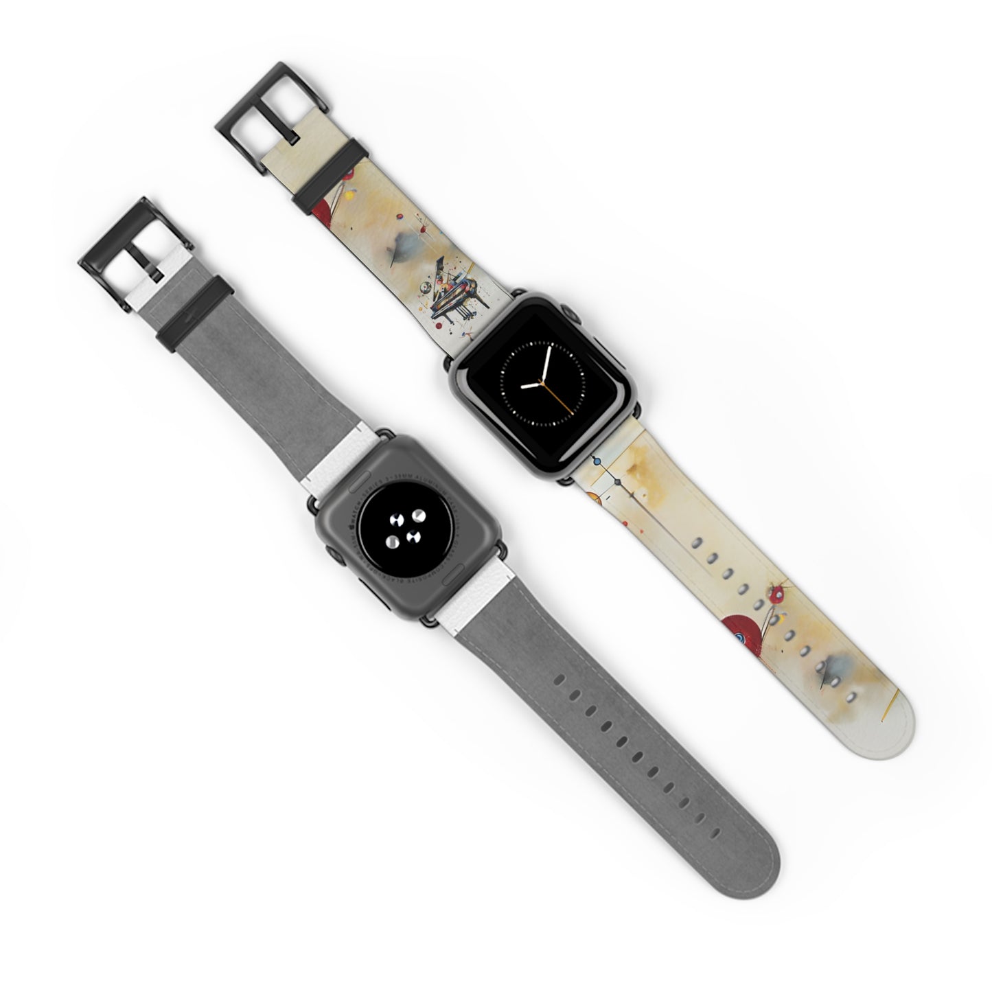 Two Apple Watches displaying Keys of Imagination Small Grand Piano Apple Watch band showing front with watch face and back of band, both with black clasp
