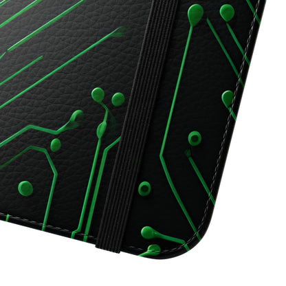 Faux Leather iPhone Wallet Flip Phone Case with Green Circuit Board Design and Elastic Closure