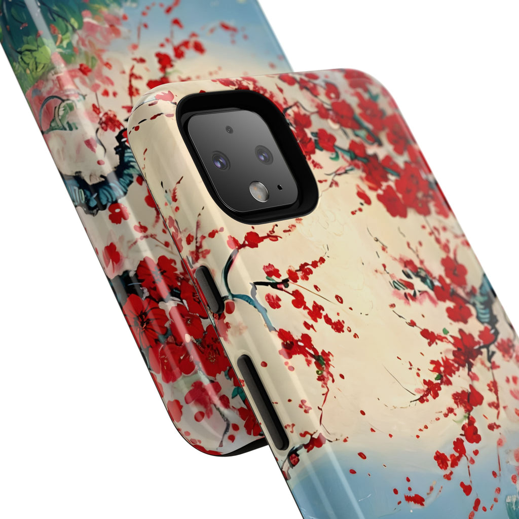 Crimson Blossom Lake - Artistic Floral Landscape Google Pixel 4XL Tough Phone Case - Red Cherry Blossoms & Serene Lake Design