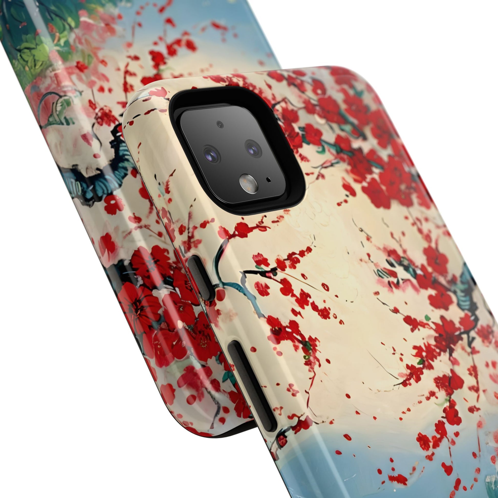 Crimson Blossom Lake - Artistic Floral Landscape Google Pixel 4XL Tough Phone Case - Red Cherry Blossoms & Serene Lake Design
