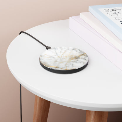 Golden Vein white marble stone art Qi wireless charger on bedside table with books
