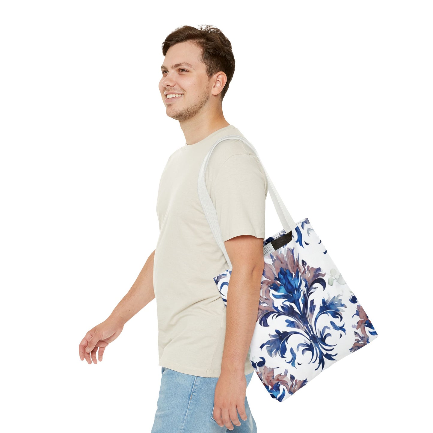 Delft Reverie Tote Bag (16x16 & 18x18)- Dreamy Blue Botanical Scroll on White Canvas, Reusable & Eco-Friendly