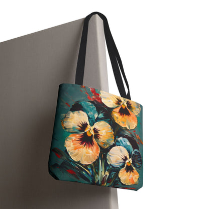 Golden Pansy Cascade tote bag hanging with cascading yellow and orange pansy floral design on teal background