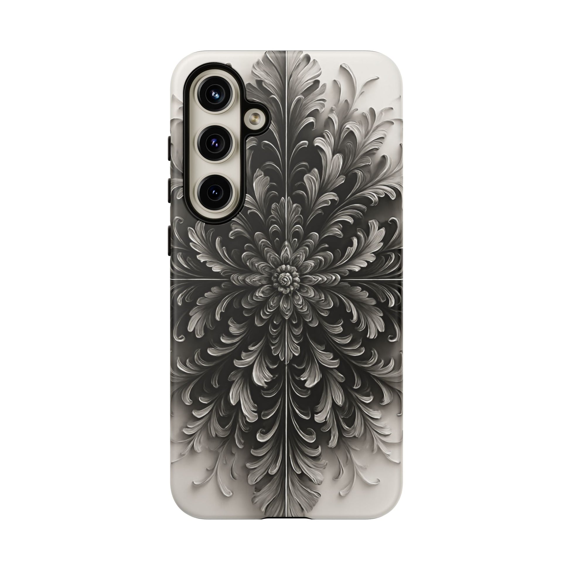 Obsidian Bloom - Elegant Black & White Samsung Galaxy S24 Plus Tough Phone Case - Intricate Mandala Flower Design