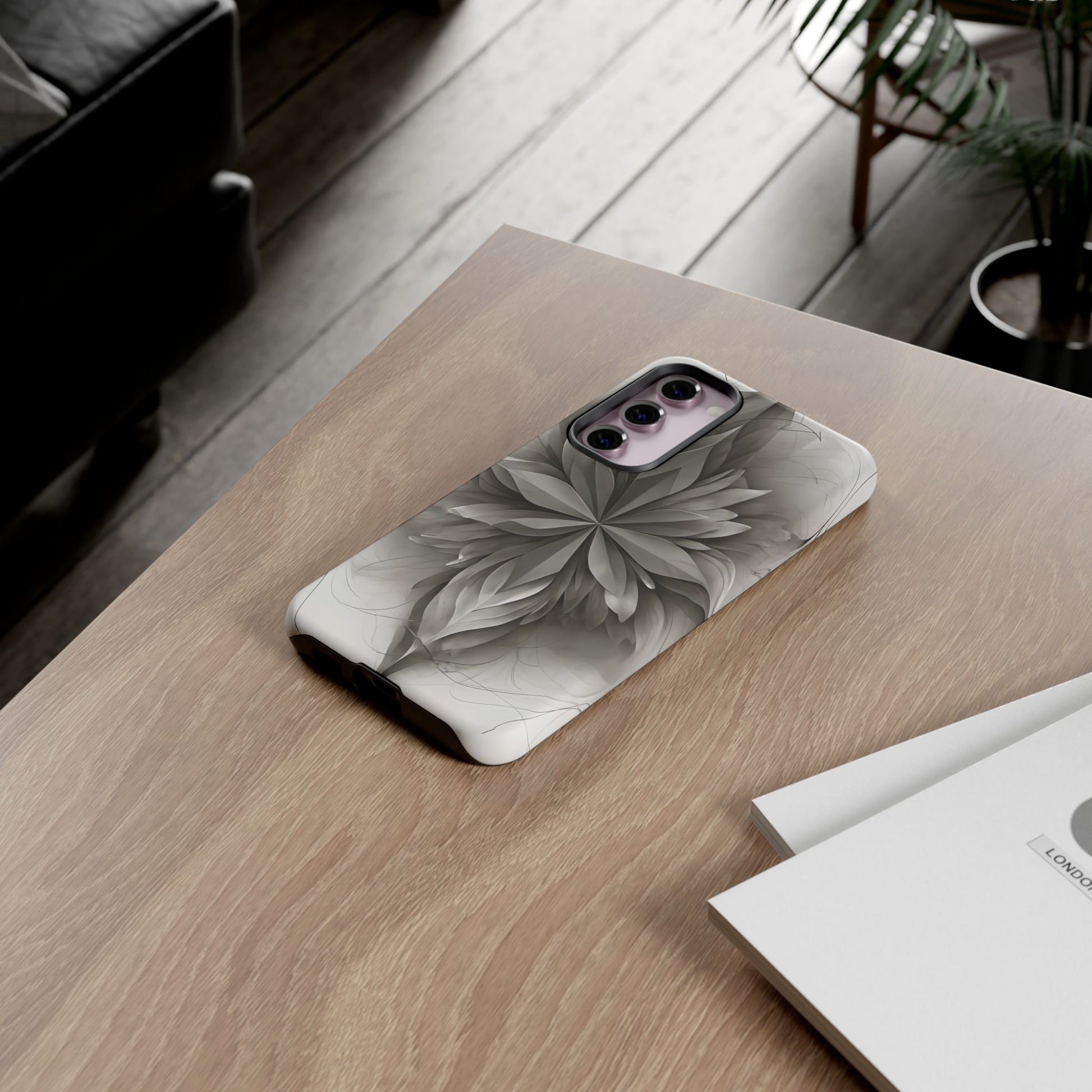 Silver Lotus - Elegant Monochrome Floral Samsung Galaxy S23 Plus Tough Phone Case - Modern Lotus Design