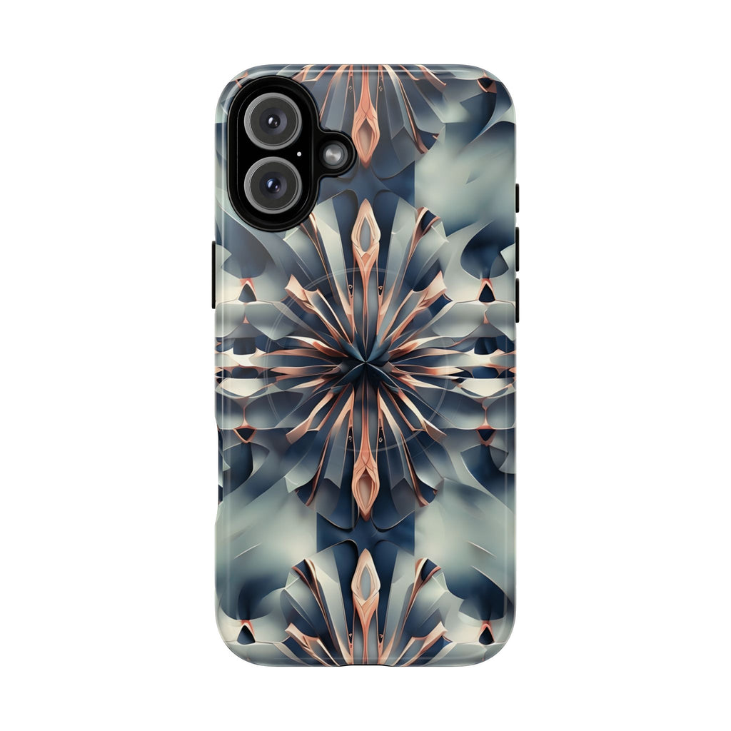 Obsidian Kaleidoscope Artistic Floral Burst - iPhone 16 Plus MagSafe Phone Case -Blue, Peach and Silver Symmetrical Design