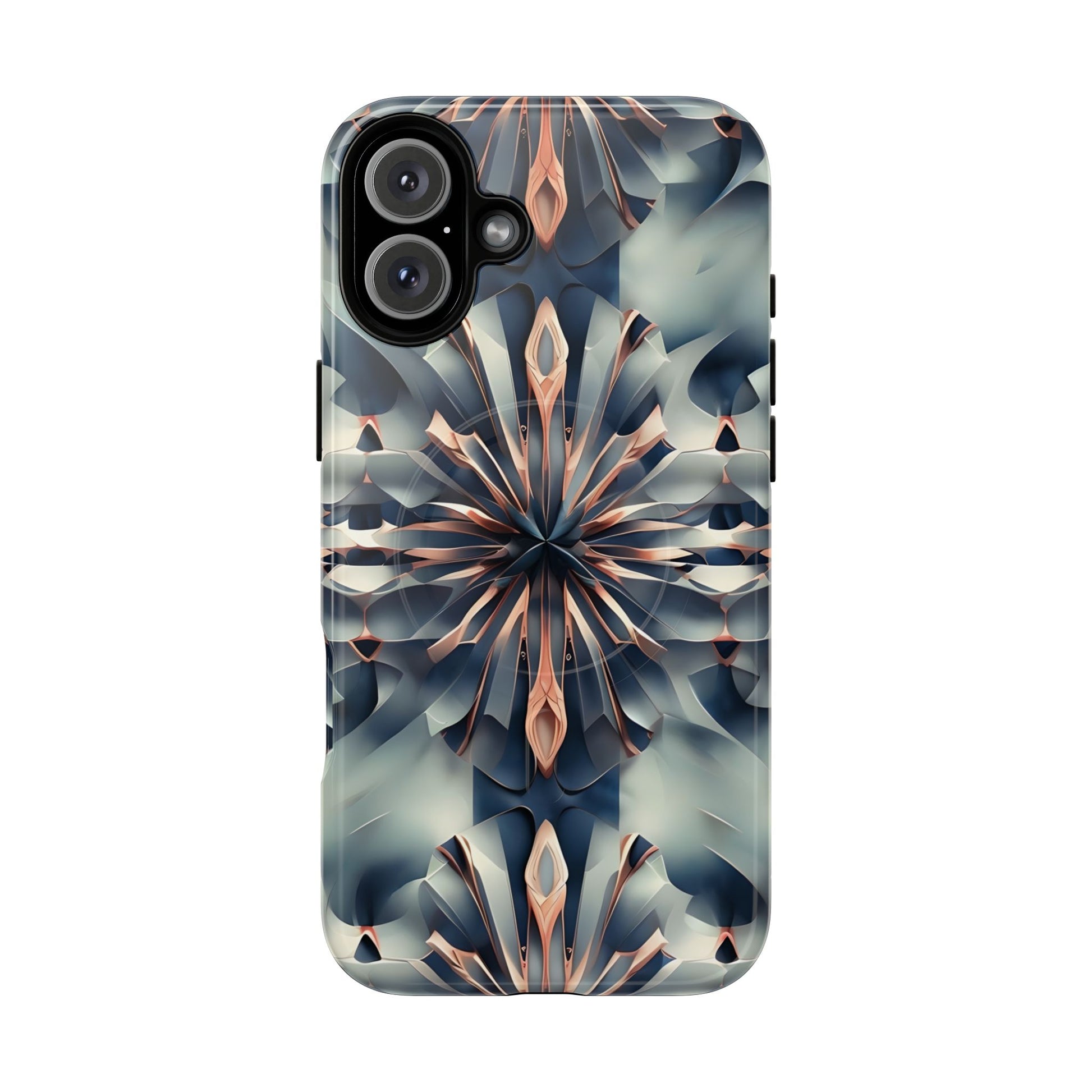 Obsidian Kaleidoscope Artistic Floral Burst - iPhone 16 Plus MagSafe Phone Case -Blue, Peach and Silver Symmetrical Design