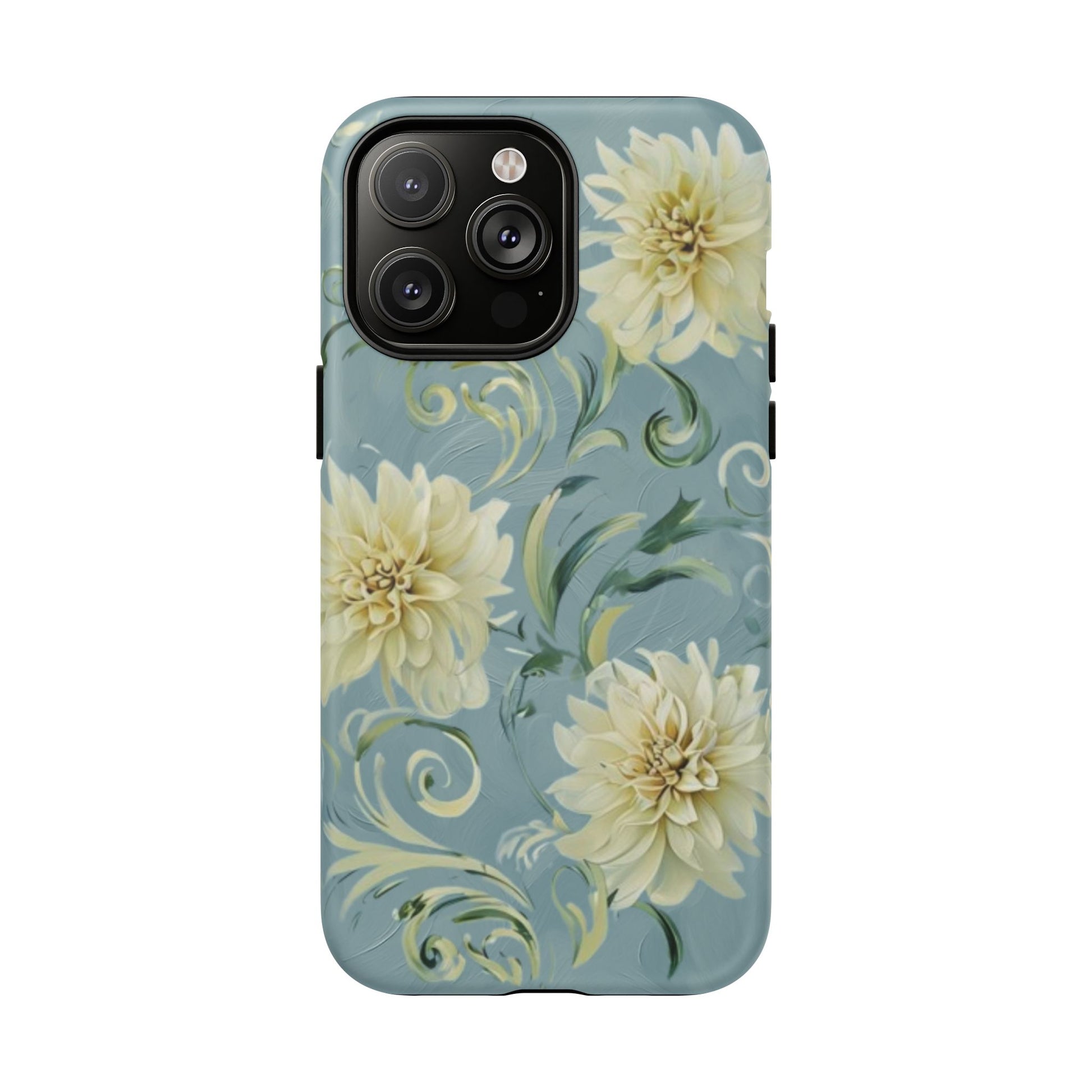Golden Dahlia Trio - Elegant Floral iPhone 14 Pro Max MagSafe Phone Case - Artistic White & Blue Dahlia Design