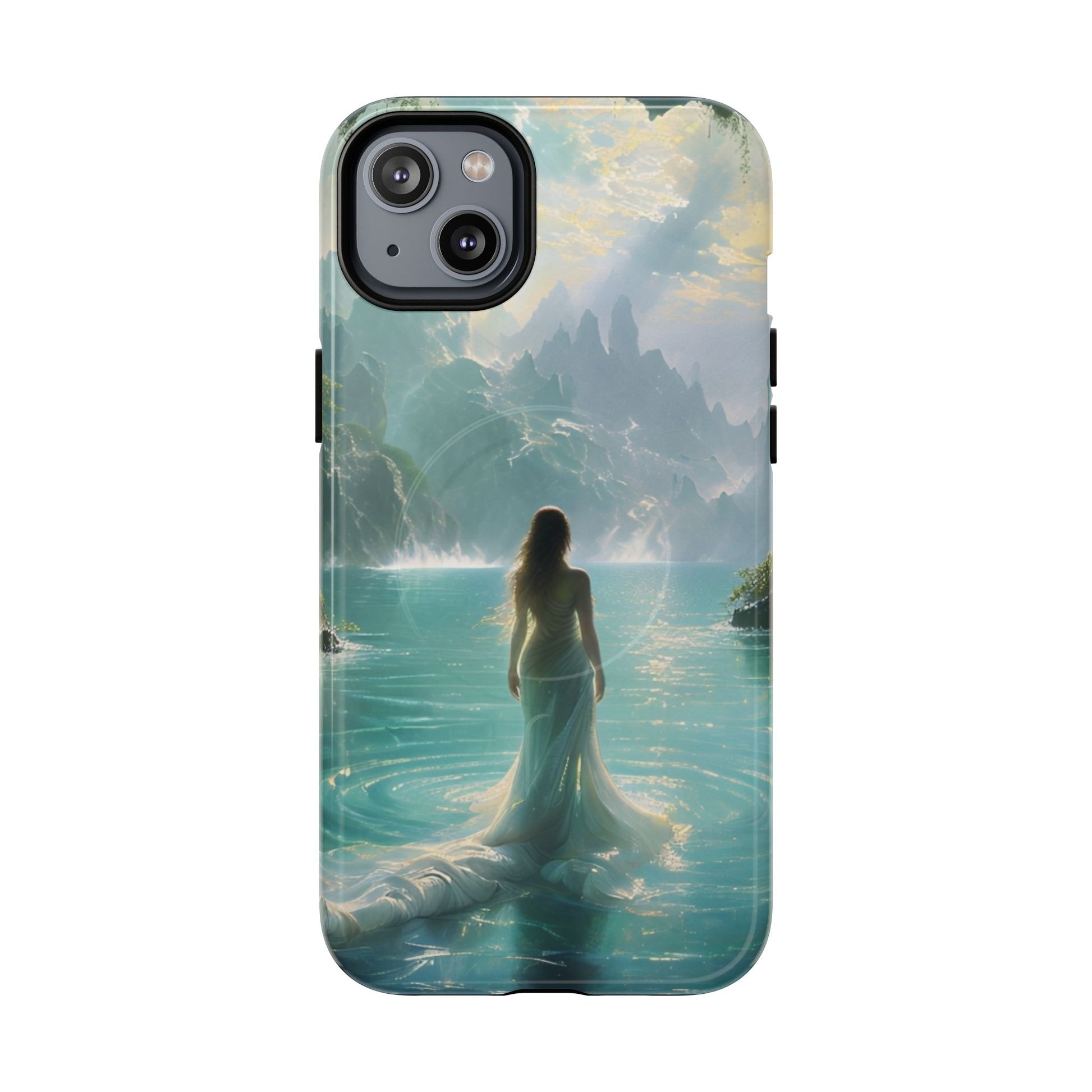 Celestial Tides - Dreamscape Art iPhone 14 Plus MagSafe Phone Case -Ethereal Woman & Fantasy Landscape Design