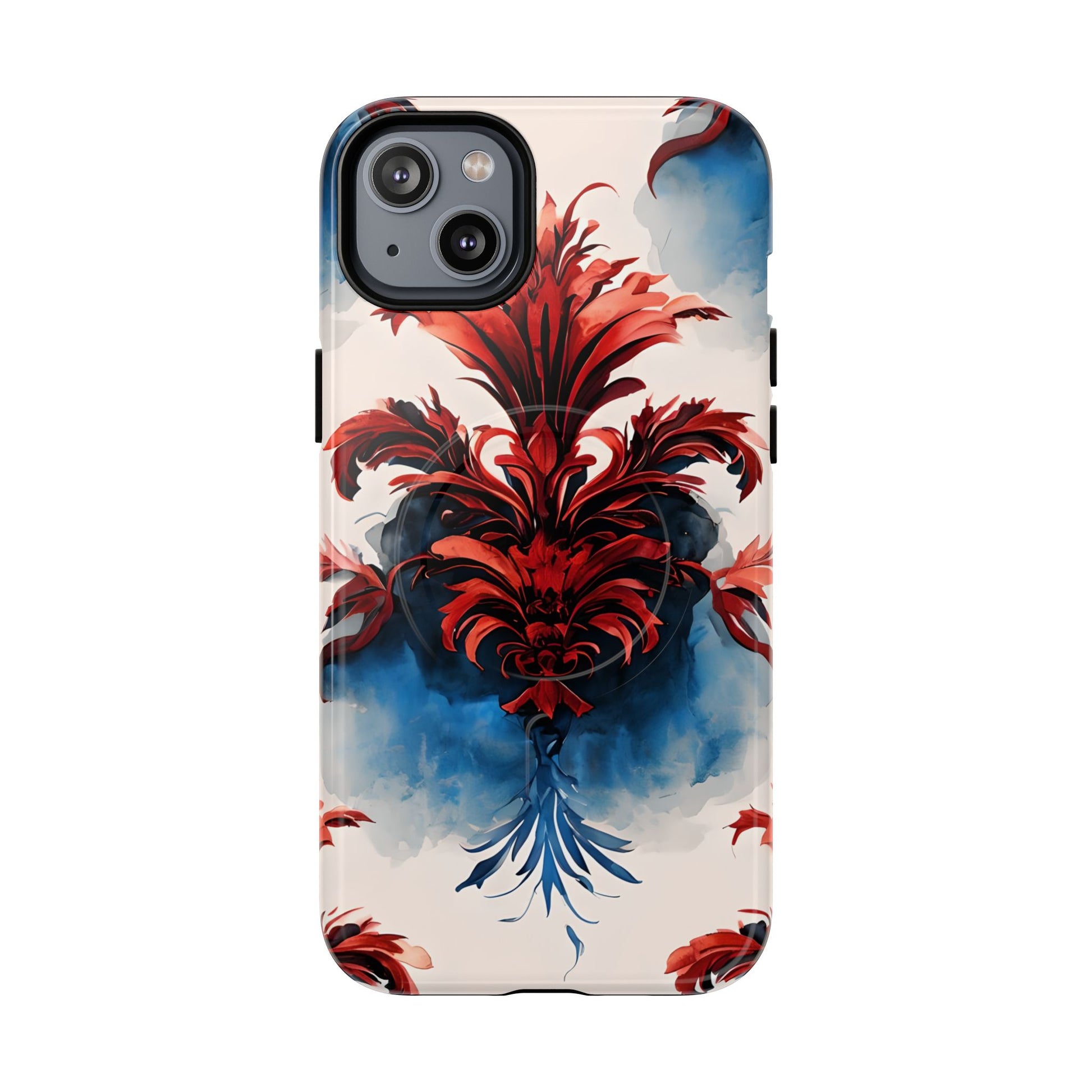 Crimson Plume - Bold Artistic Feather iPhone 14 Plus MagSafe Phone Case - Dramatic Red & Blue Design