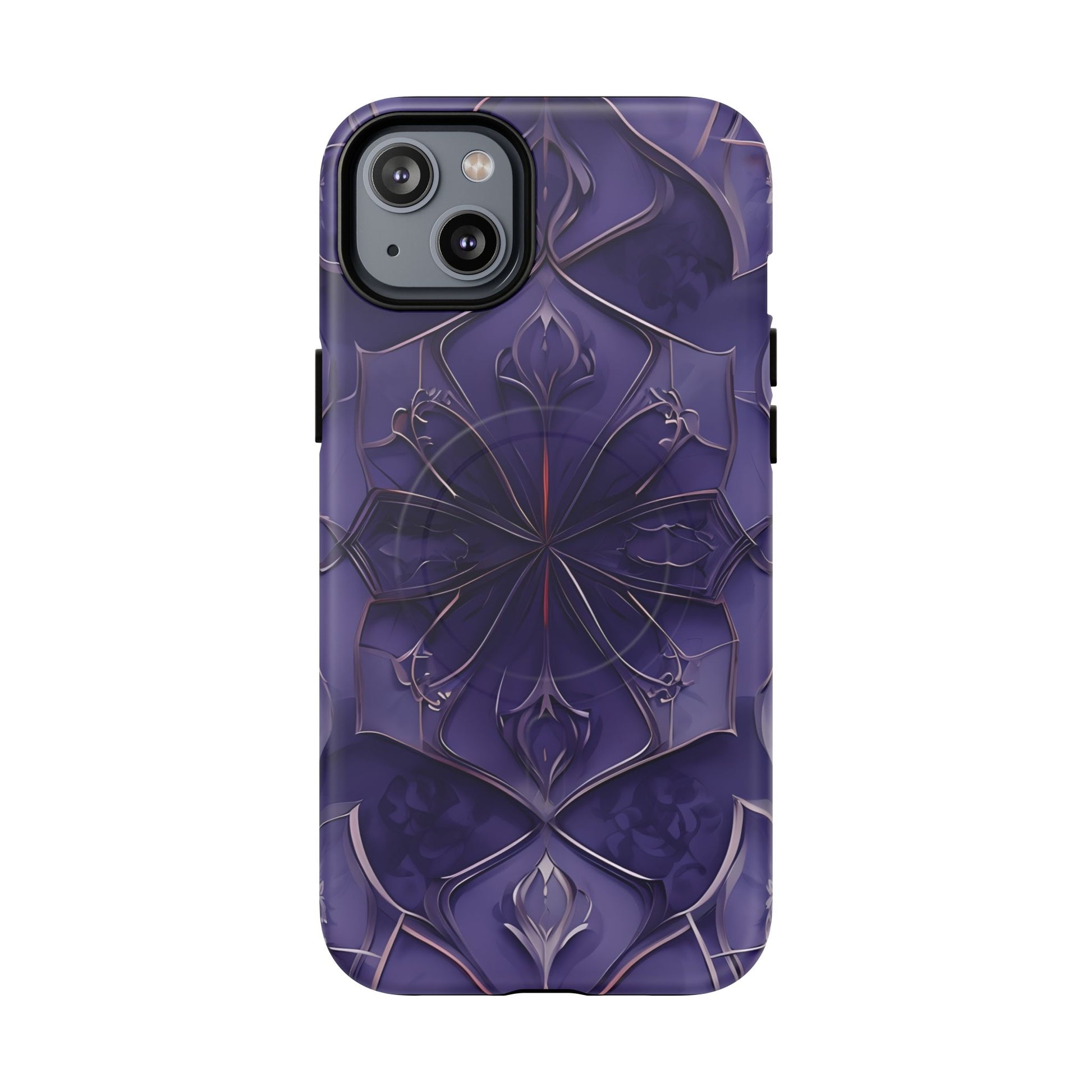 Violet Nebula - Kaleidoscope Collection Artistic Floral Burst - iPhone 14 Plus MagSafe Phone Case -Bold Purple Symmetrical Design