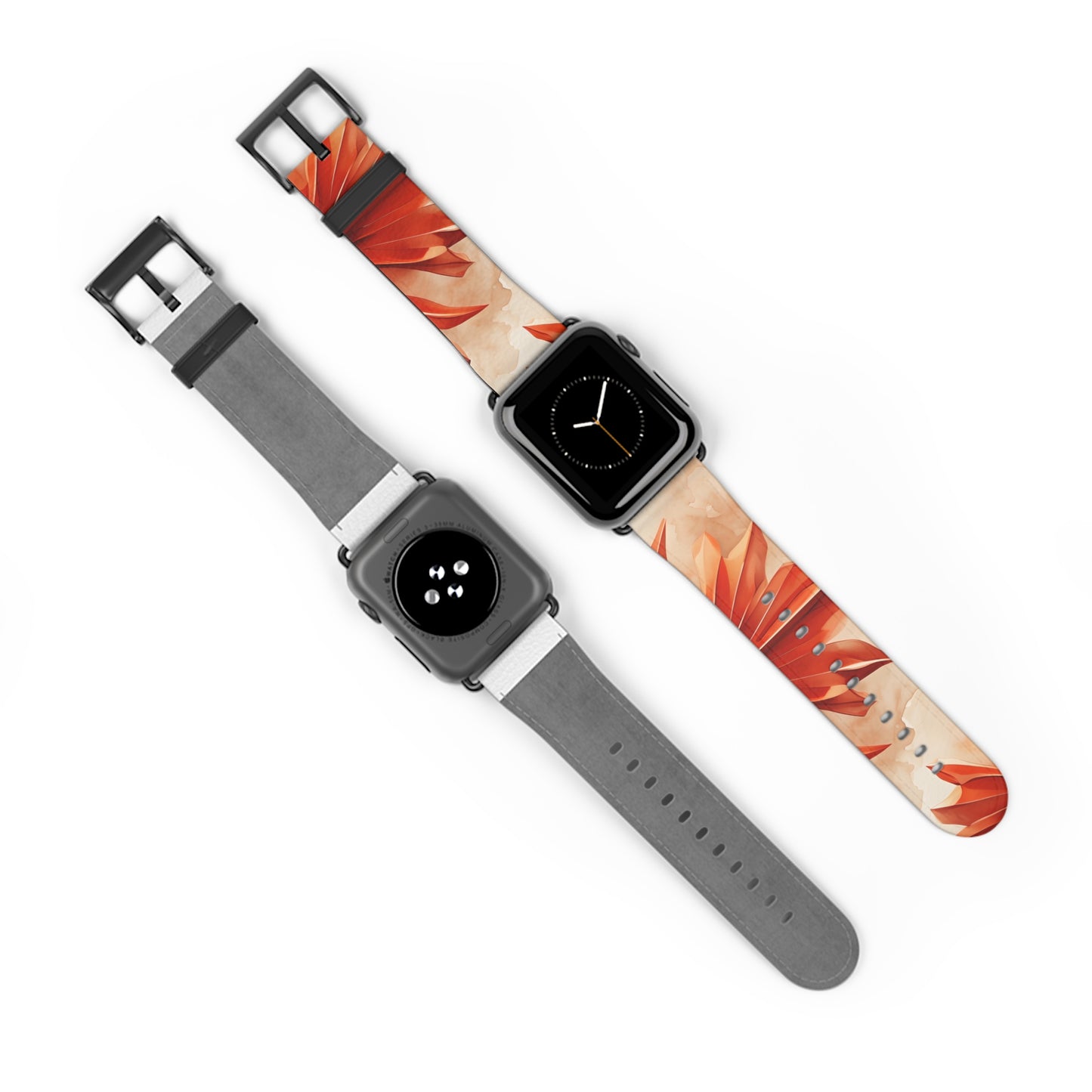 Sunset Fleur Apple Watch bands shown on two watches front and back highlighting vibrant orange floral artwork