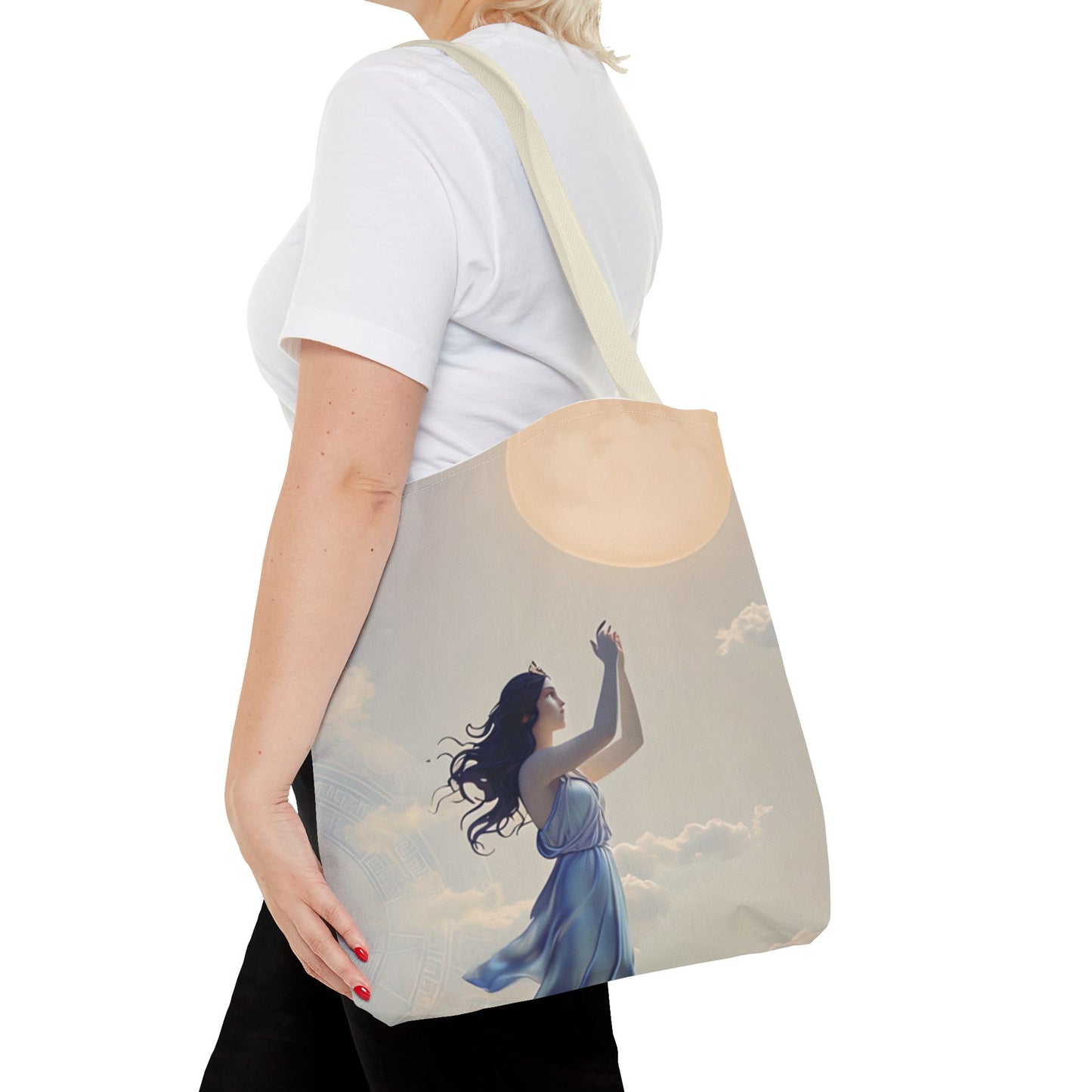 Moonlit Ascend Tote Bag (16x16 & 18x18)- Dreamy Nighttime Silhouette on Beige Canvas, Reusable & Eco-Friendly