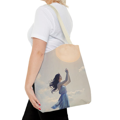 Moonlit Ascend Tote Bag (16x16 & 18x18)- Dreamy Nighttime Silhouette on Beige Canvas, Reusable & Eco-Friendly