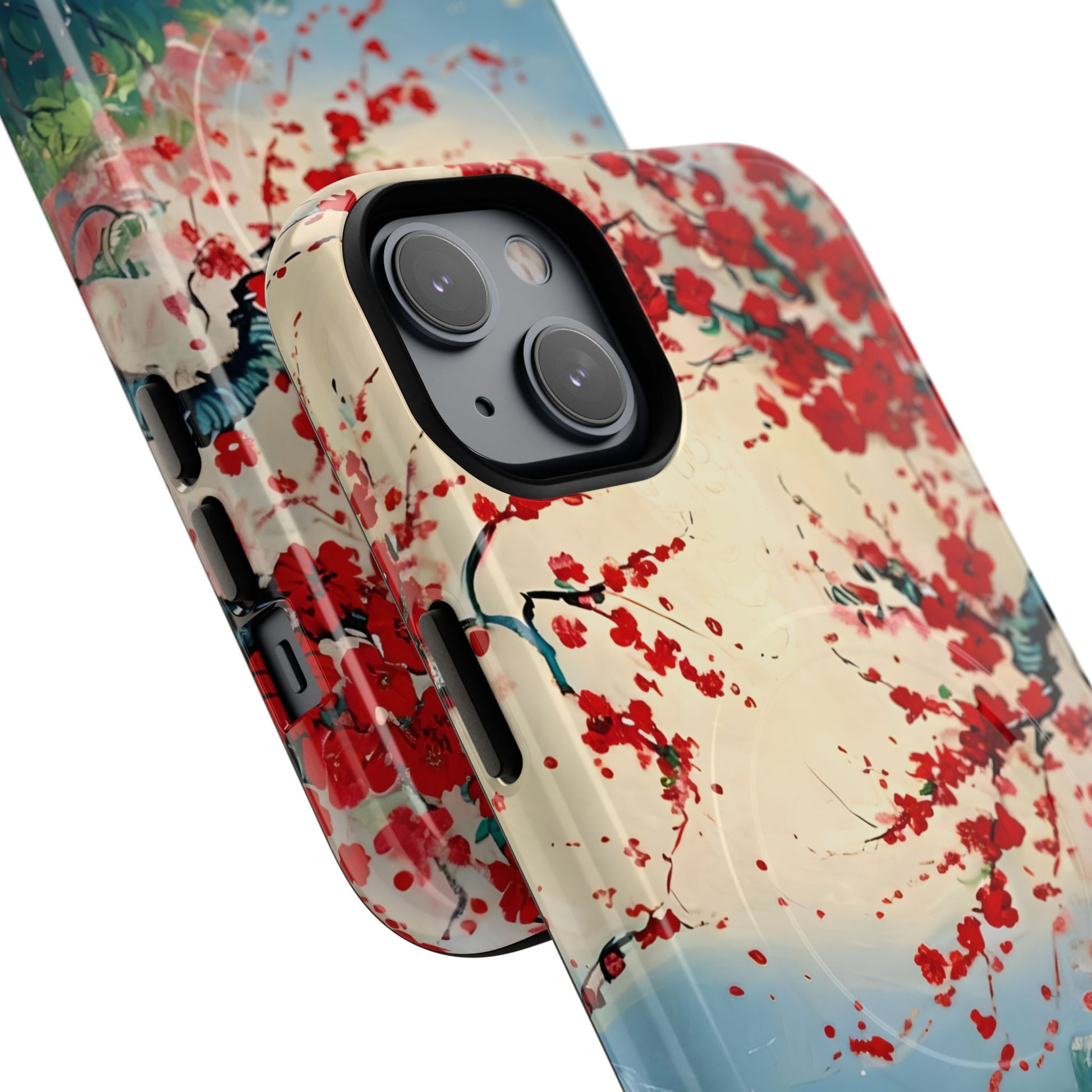 Crimson Blossom Lake - Artistic Floral Landscape iPhone 14 Plus MagSafe Phone Case - Red Cherry Blossoms & Serene Lake Design
