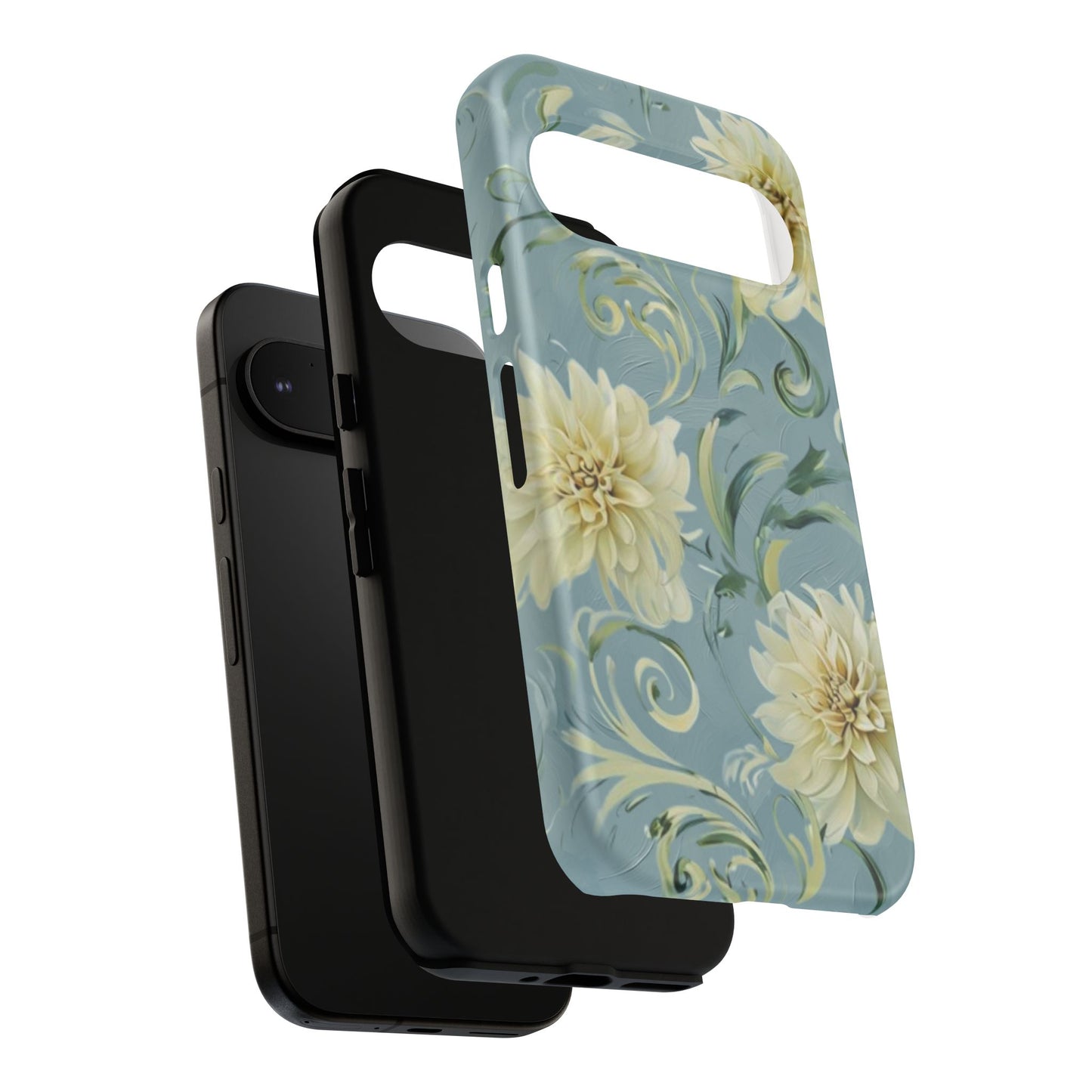 Golden Dahlia Trio - Elegant Floral Google Pixel Tough Phone Case - Artistic White & Blue Dahlia Design
