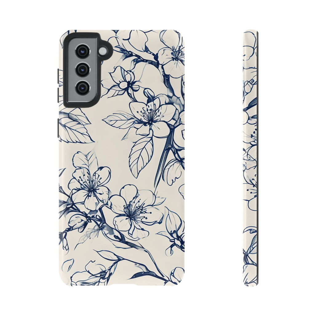 Blossom Sketch - Artistic Blue Floral Samsung Galaxy S21 Plus Tough Phone Case - Hand-Drawn Botanical Design