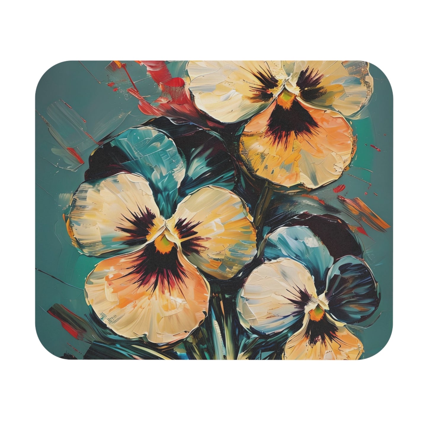 Golden Pansy Cascade mouse pad featuring yellow and orange pansy flowers on teal background