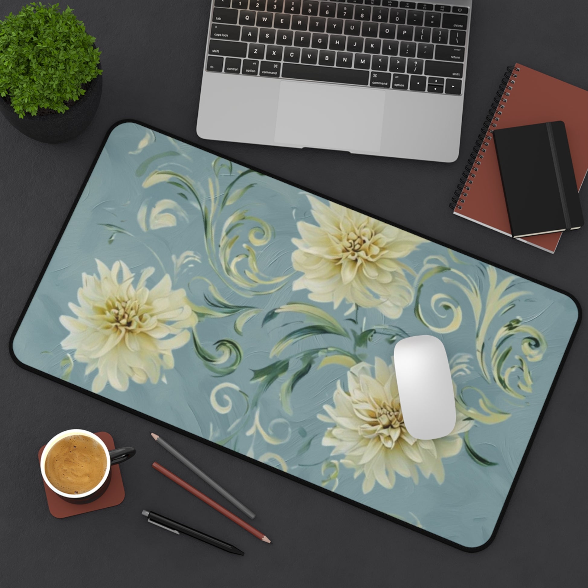 Golden Dahlia Trio Desk Mat - Premium Office Desk Pad, 3 Sizes Available, Artistic Workspace Protection