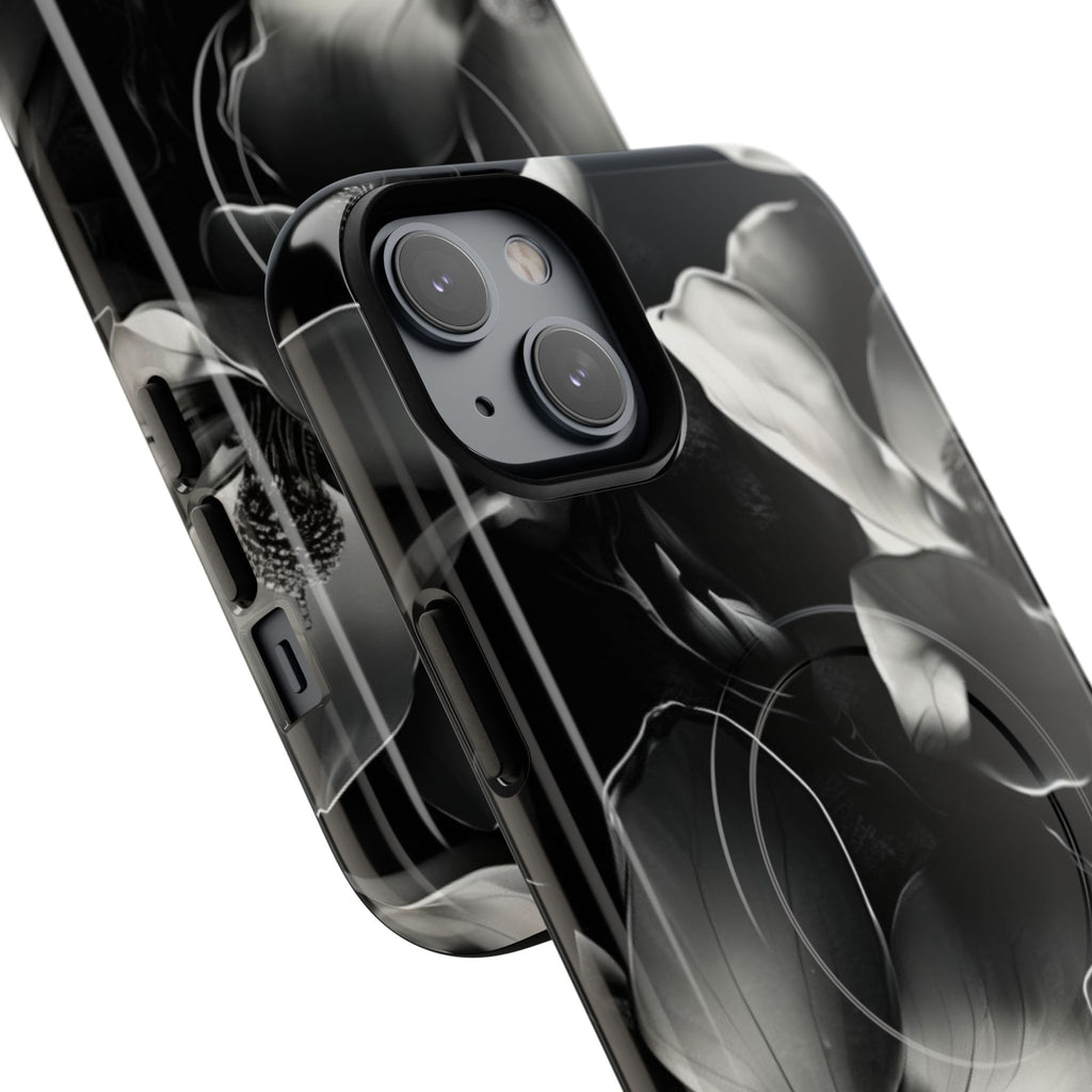 Monochrome Magnolia - Elegant Black & White Floral iPhone 14 Plus MagSafe Phone Case - Artistic Magnolia Design