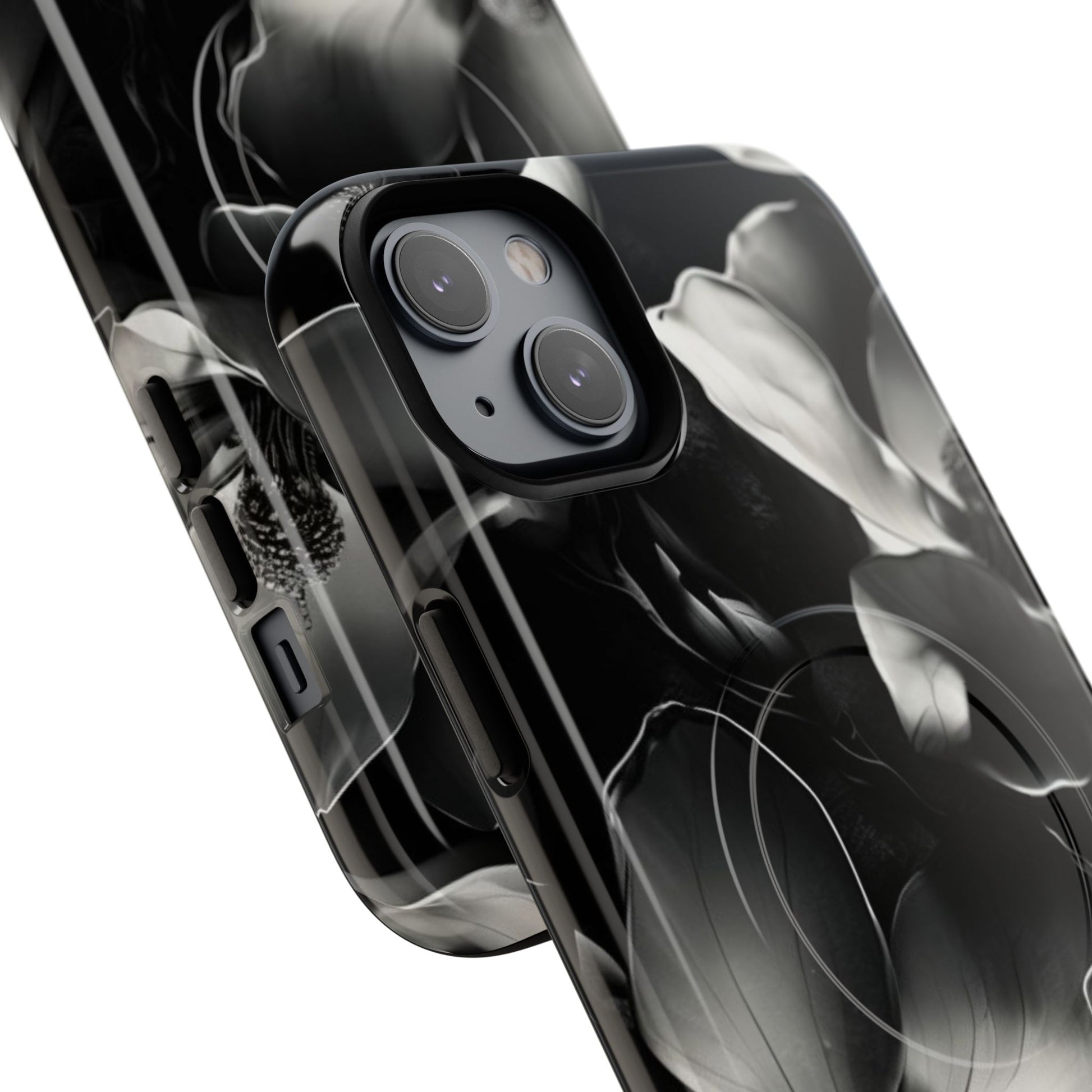 Monochrome Magnolia - Elegant Black & White Floral iPhone 14 Plus MagSafe Phone Case - Artistic Magnolia Design
