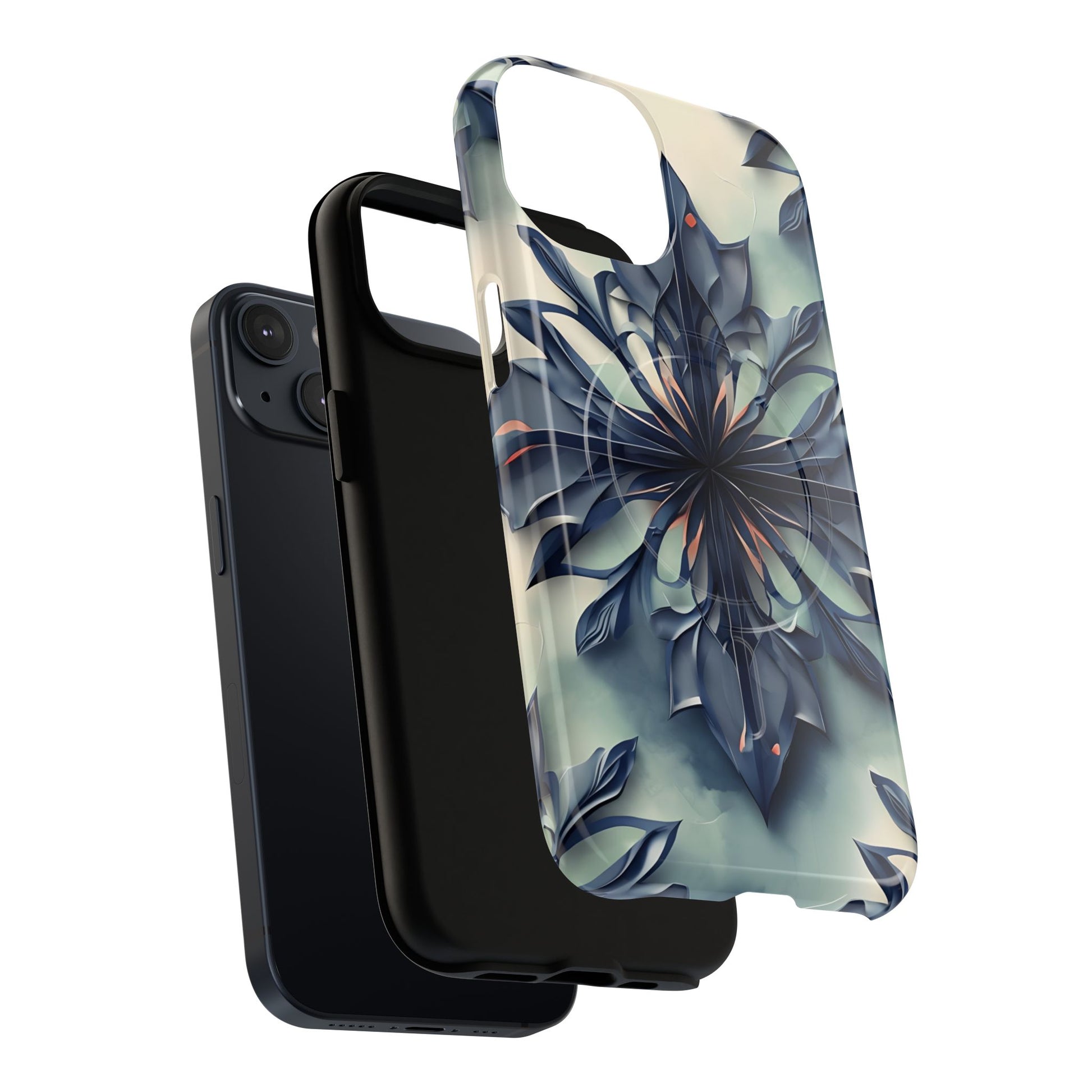 Frosted Indigo Bloom - Artistic Kaleidoscope Collection Artistic Floral - iPhone 14 MagSafe Phone Case -Blue Symmetrical Design