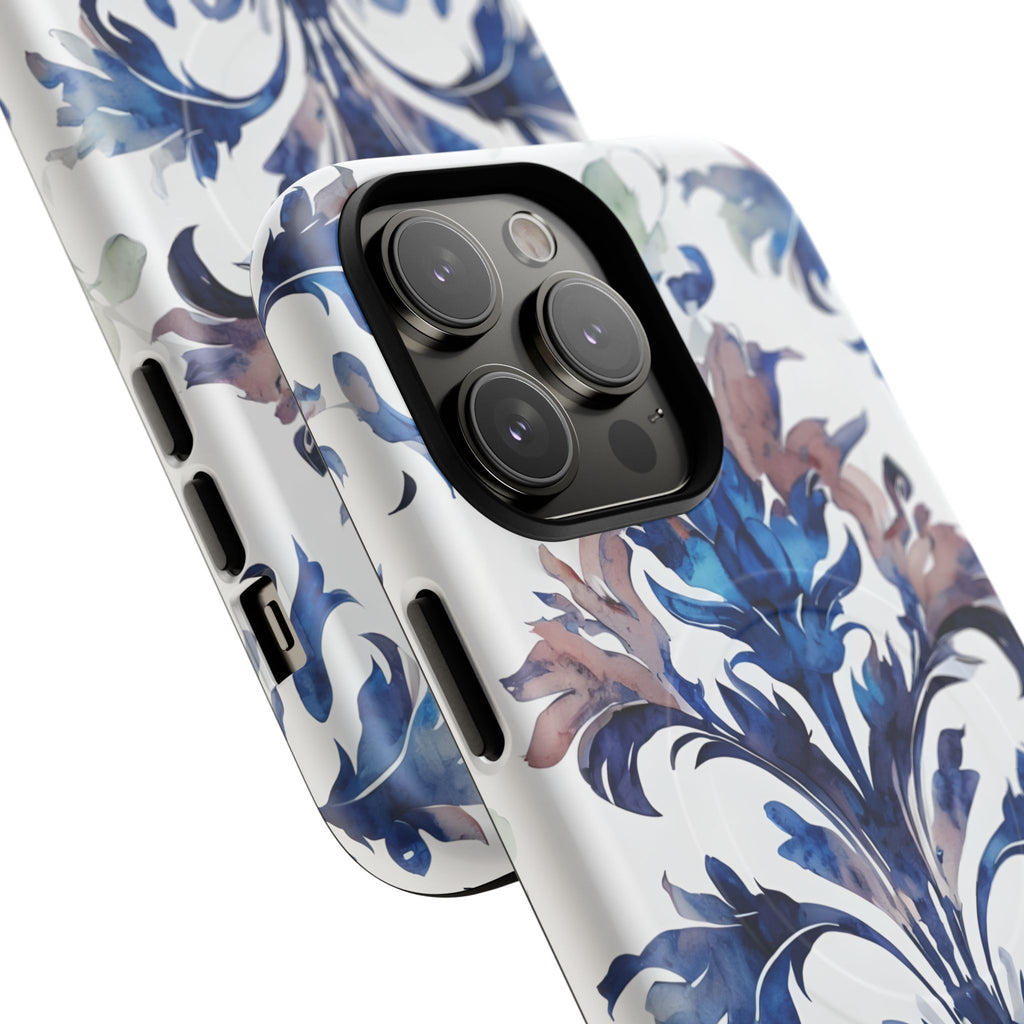 Delft Reverie - Elegant Blue & White iPhone 14 Pro Max MagSafe Phone Case - Dutch Delftware-Inspired Floral Design