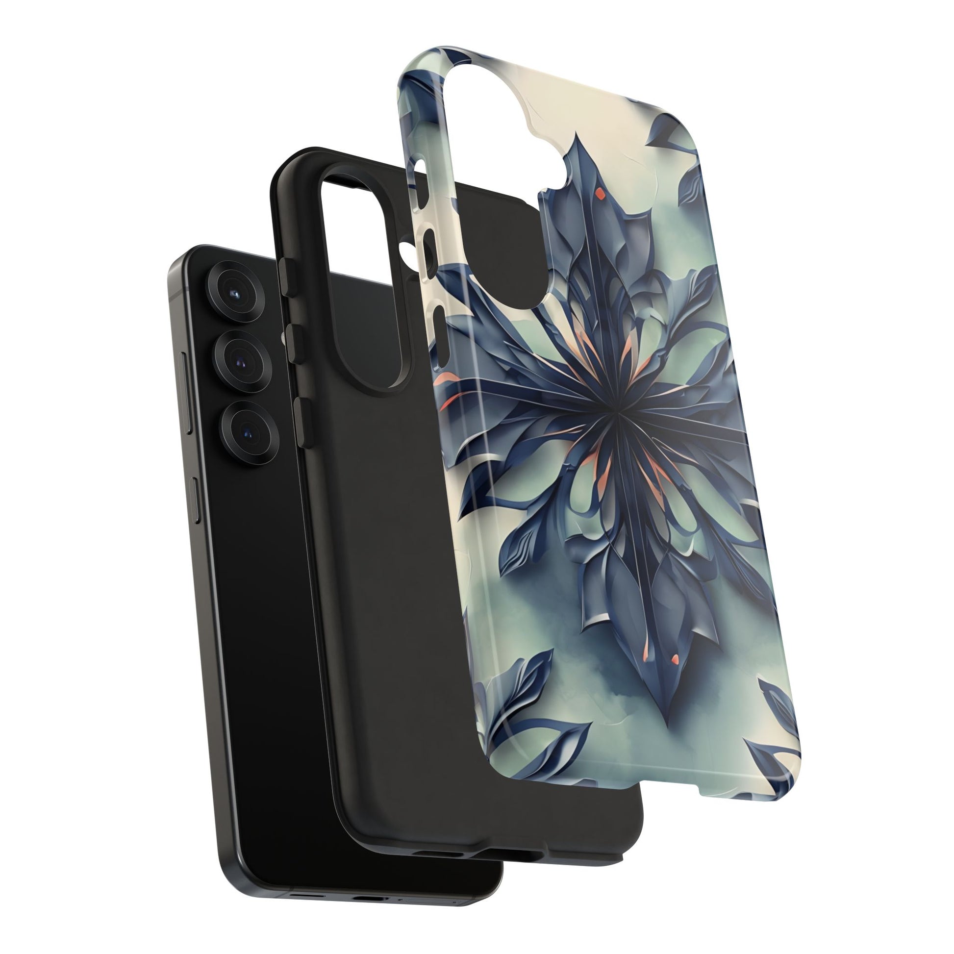 Frosted Indigo Bloom - Artistic Kaleidoscope Collection Artistic Floral - Samsung Galaxy S25 Tough Phone Case - Blue Symmetrical Design