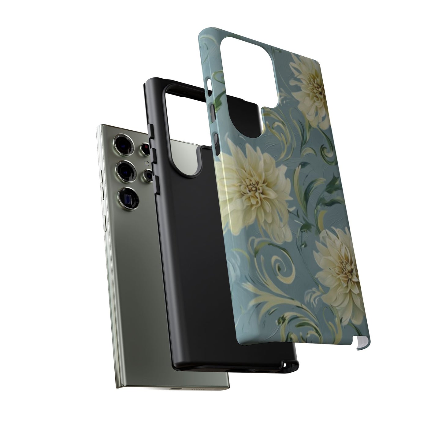 Golden Dahlia Trio Samsung Galaxy dual layer tough case with vintage‑style golden dahlia artwork, side and back view