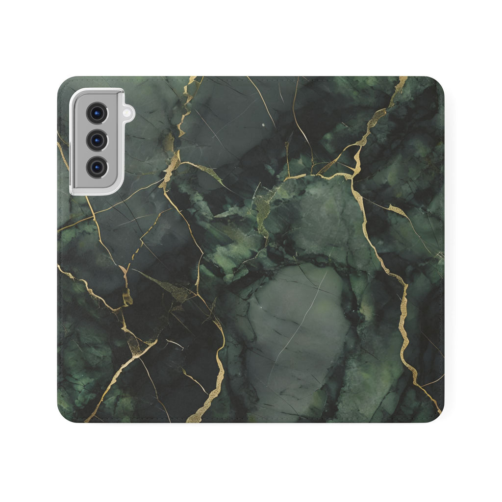 Verdant Vein - Flip Phone Case for Samsung Galaxy S21 - Green and Gold Marble Design