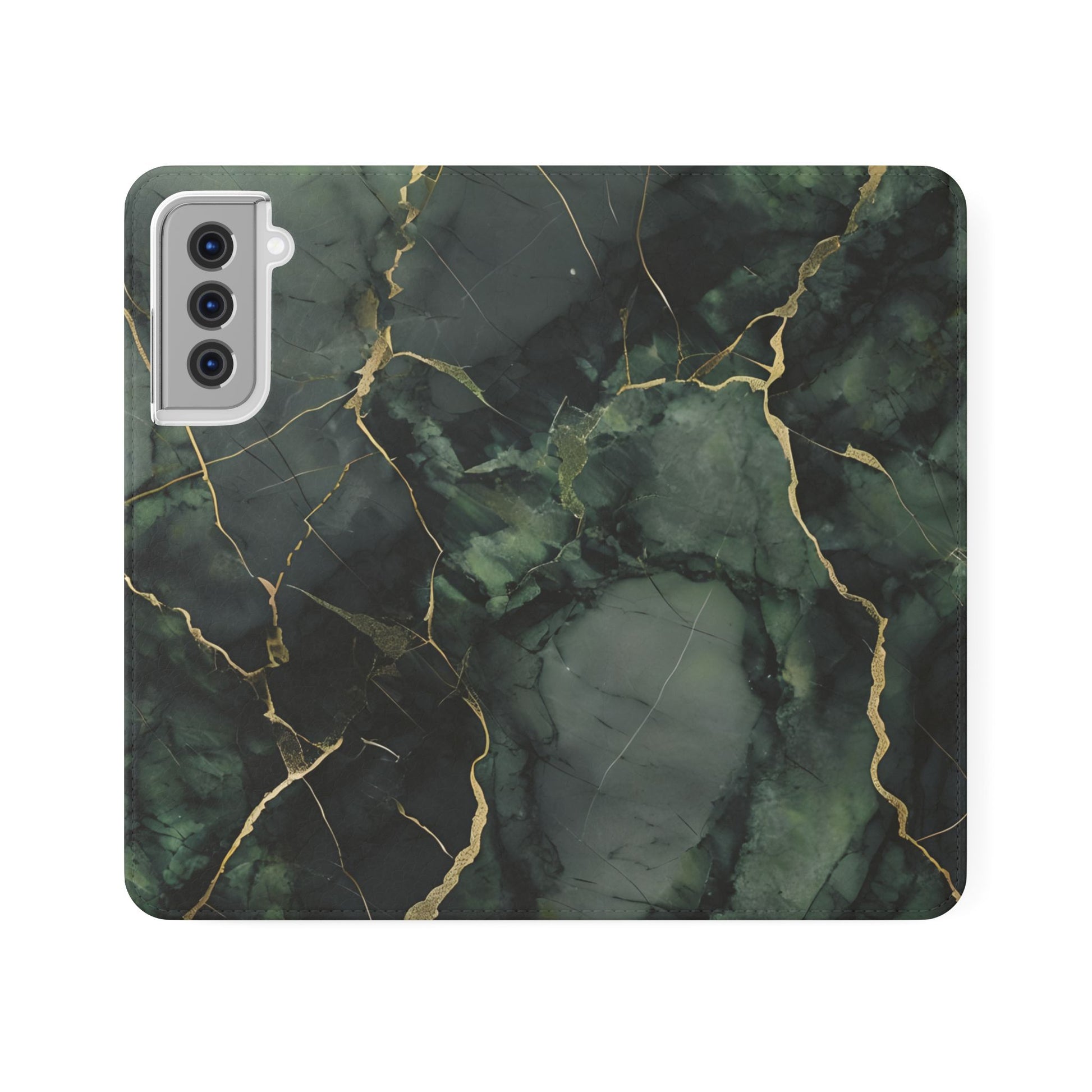 Verdant Vein - Flip Phone Case for Samsung Galaxy S21 - Green and Gold Marble Design