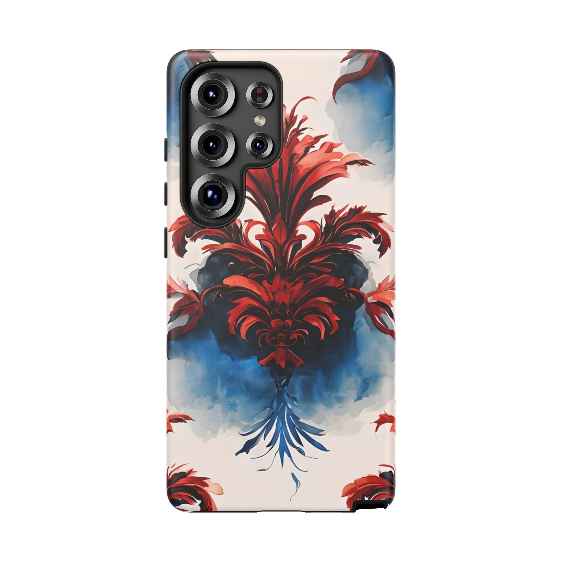 Crimson Plume - Bold Artistic Feather Samsung Galaxy S25 Ultra Tough Phone Case - Dramatic Red & Blue Design