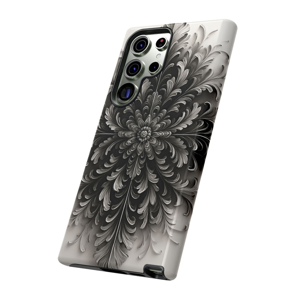 Obsidian Bloom - Elegant Black & White Samsung Galaxy S23 Ultra Tough Phone Case - Intricate Mandala Flower Design