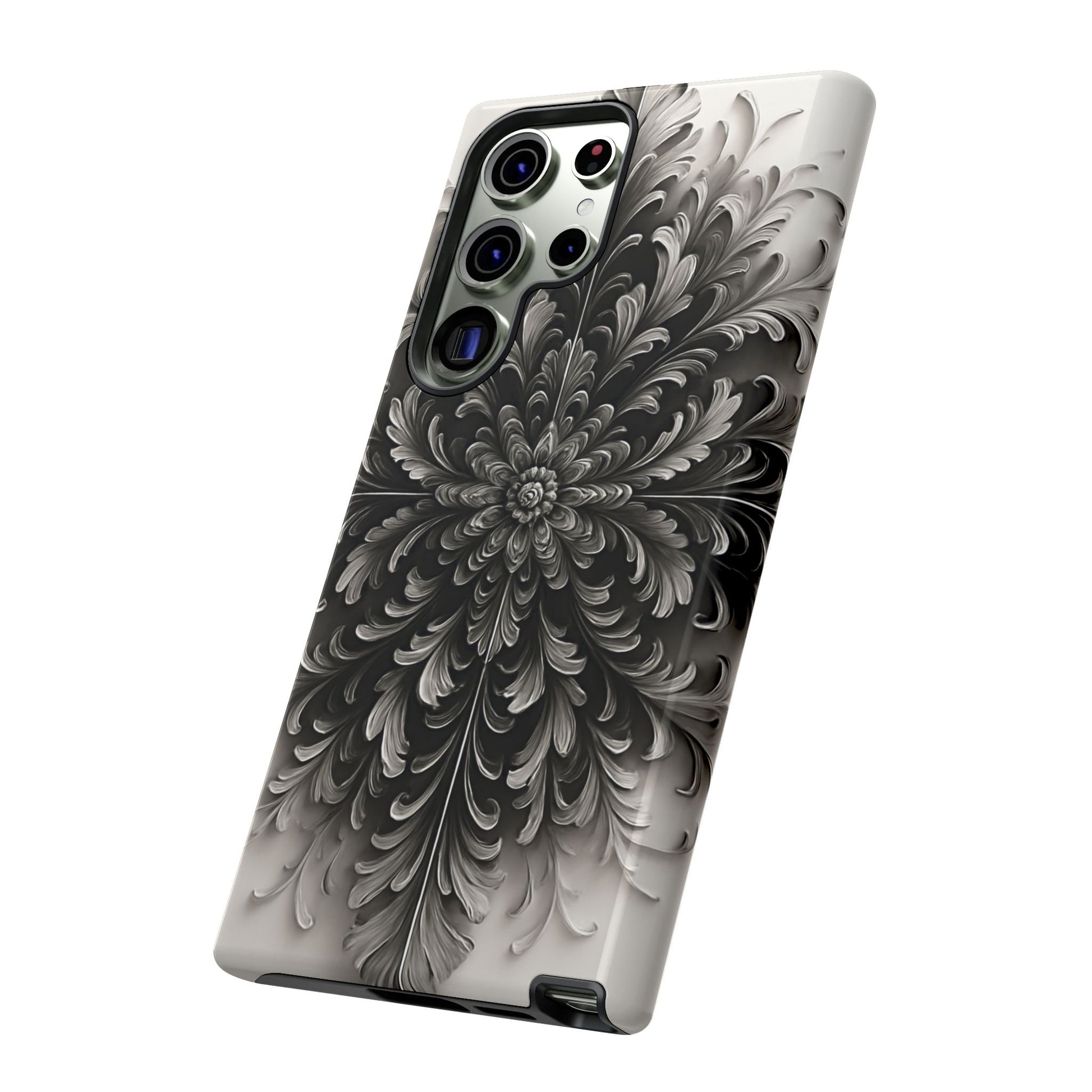 Obsidian Bloom - Elegant Black & White Samsung Galaxy S23 Ultra Tough Phone Case - Intricate Mandala Flower Design