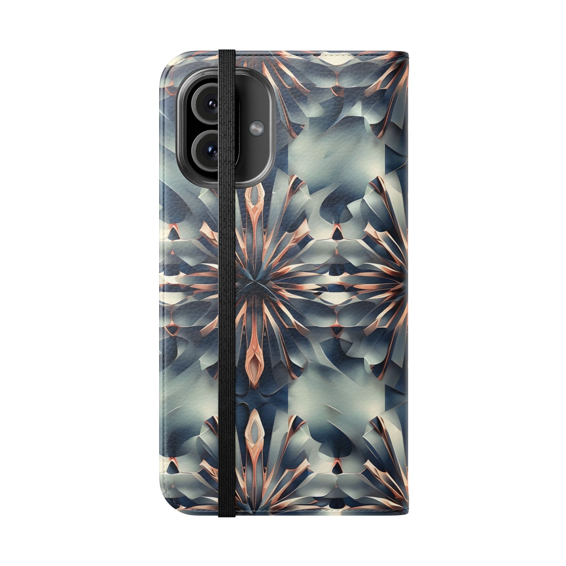 Obsidian Kaleidoscope iPhone 16 Plus Wallet Case - Elegant Abstract Flip Cover with Card Slots