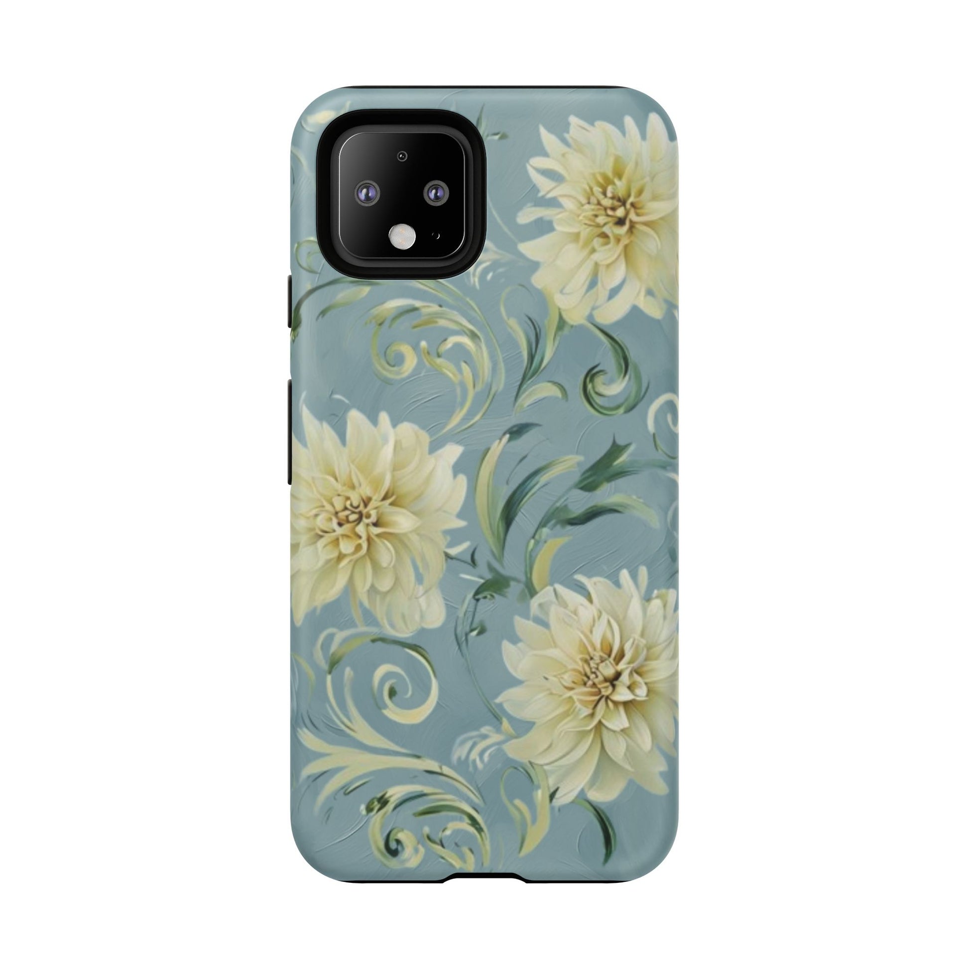 Golden Dahlia Trio - Elegant Floral Google Pixel 4 Tough Phone Case - Artistic White & Blue Dahlia Design