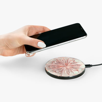 Hand placing smartphone on Blush Frost blush pink floral mandala design Qi wireless charger
