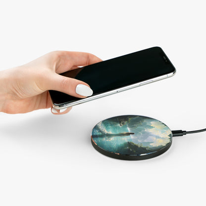 Hand placing smartphone on Celestial Tides mystical lake design Qi wireless charger