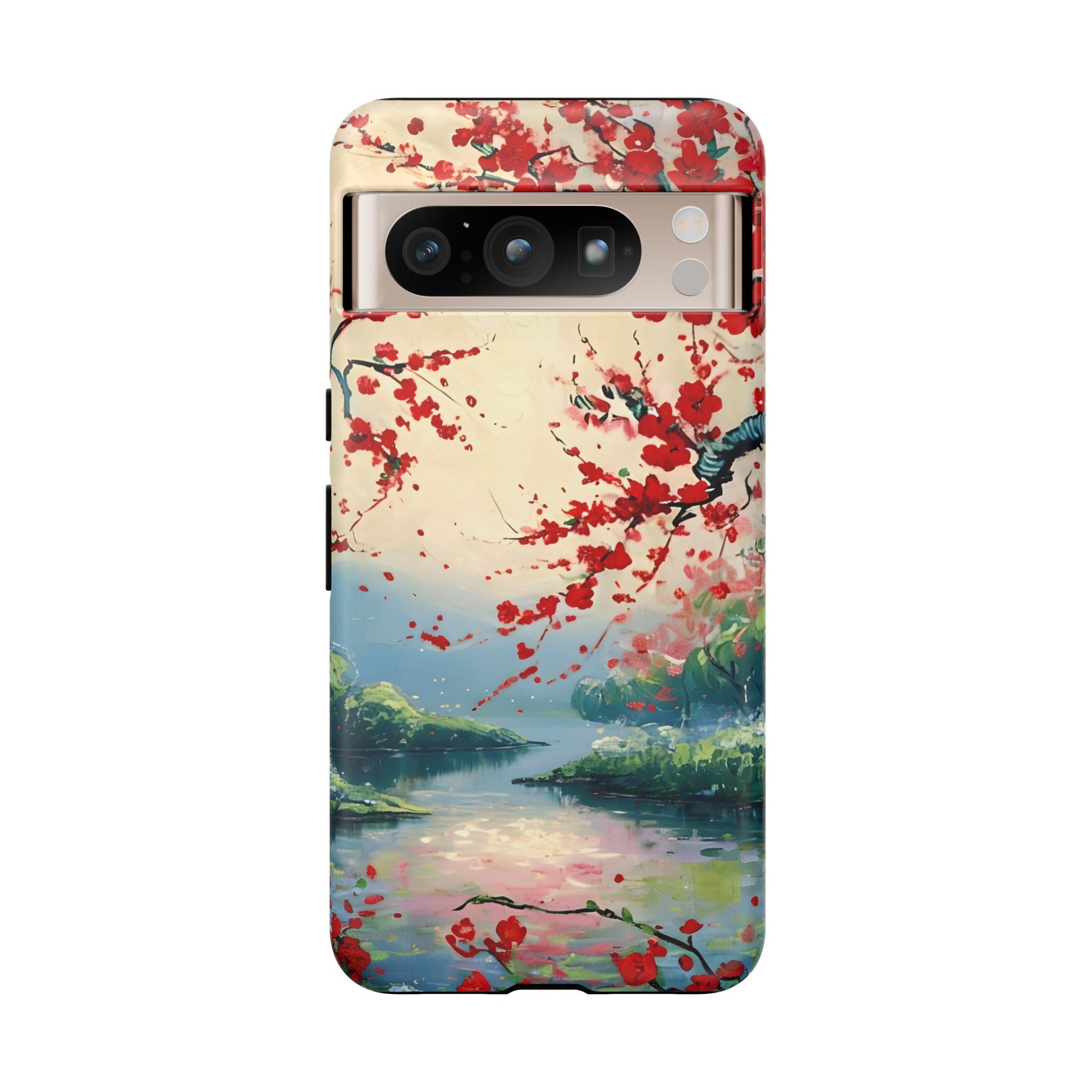 Crimson Blossom Lake - Artistic Floral Landscape Google Pixel 8 Pro Tough Phone Case - Red Cherry Blossoms & Serene Lake Design