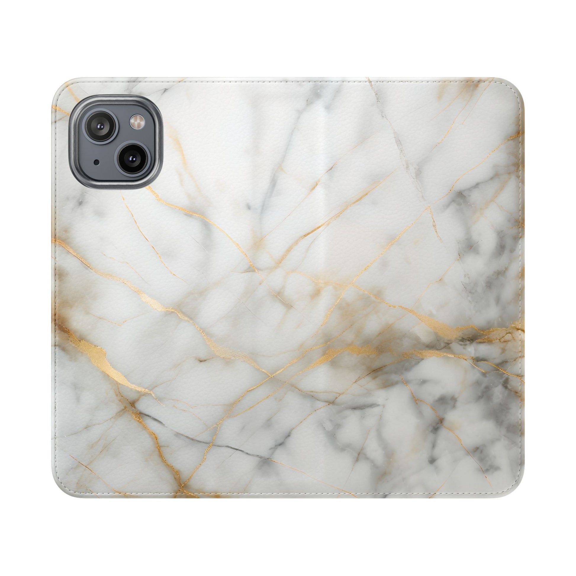Golden Vein Wallet Phone Case - Gold & White Marble Design - Flip Cover for iPhone 14