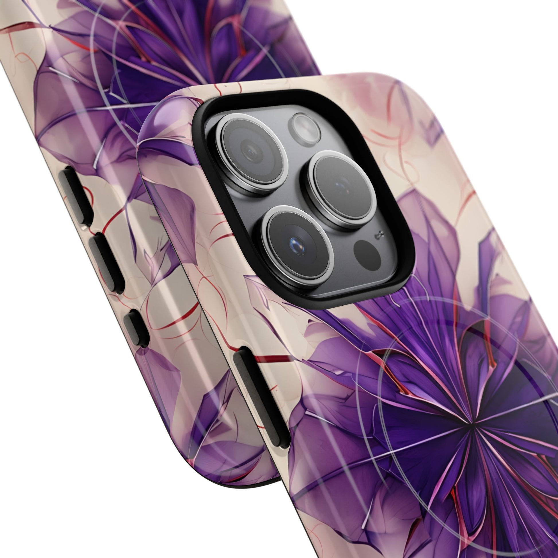 Violet Reverie - Kaleidoscope Collection Artistic Floral Burst - iPhone 15 Pro MagSafe Phone Case - Bold Purple Symmetrical Design