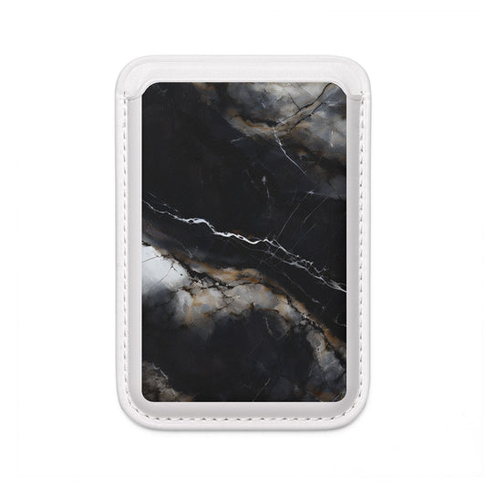 Obsidian Vein MagSafe card holder with dark marble and gold vein pattern on white magnetic wallet.