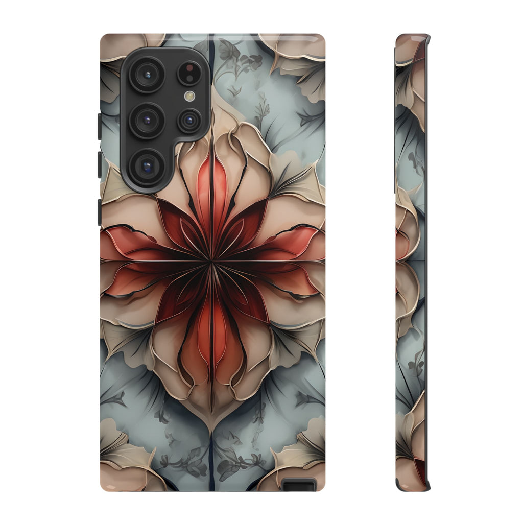 Ember Bloom - Kaleidoscope Collection Artistic Floral - Samsung Galaxy S22 Ultra Tough Phone Case - Fiery Symmetrical Design