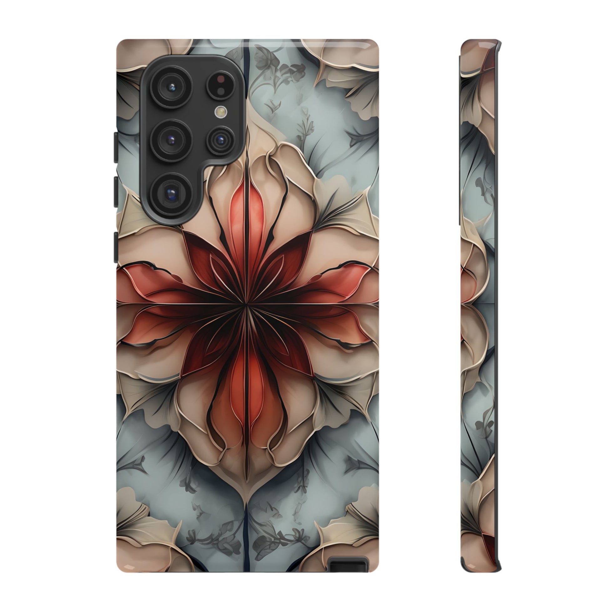 Ember Bloom - Kaleidoscope Collection Artistic Floral - Samsung Galaxy S22 Ultra Tough Phone Case - Fiery Symmetrical Design